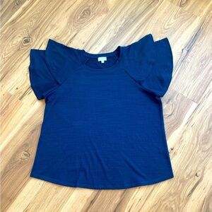 Wonderly Top Womens Size XL Blue Flutter Sleeve Crew Neck Feminine Workwear Chic